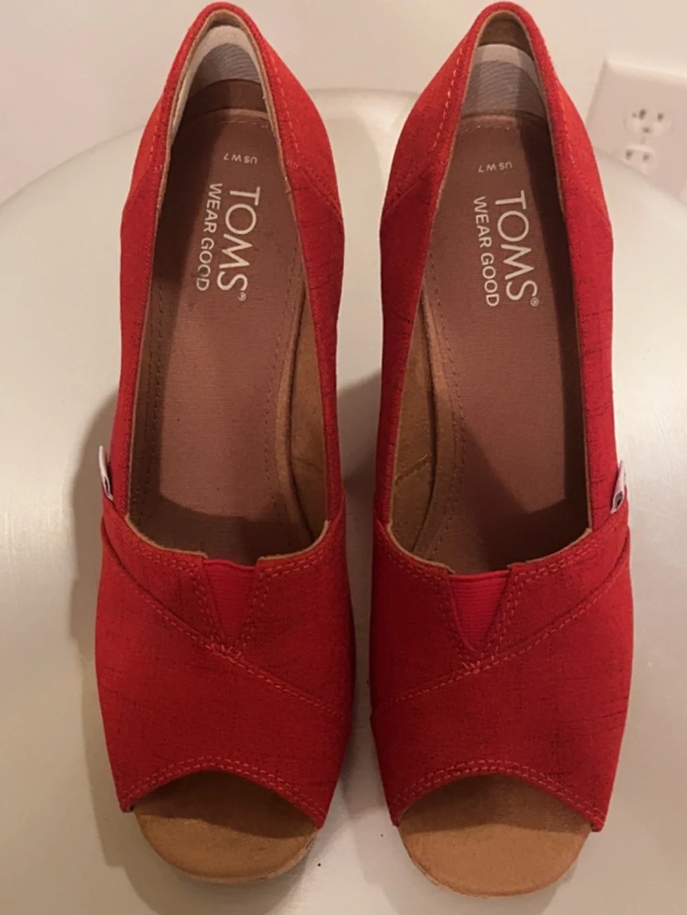 TOMS Red Peep Toe Cork Wedge Heels Women’s Size 7